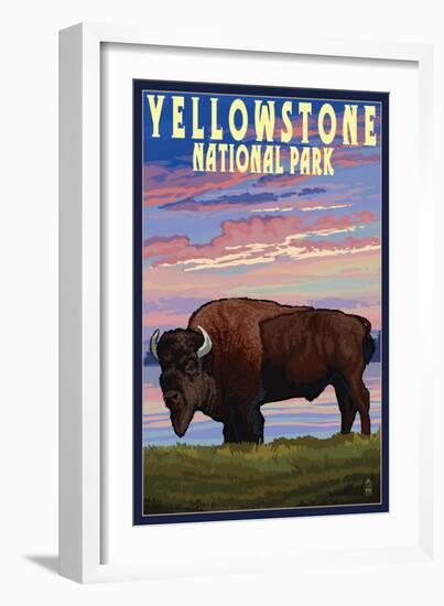 Yellowstone National Park - Bison and Sunset-Lantern Press-Framed Art Print