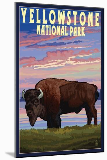 Yellowstone National Park - Bison and Sunset-Lantern Press-Mounted Art Print