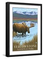 Yellowstone National Park - Moose Drinking in Lake-Lantern Press-Framed Art Print