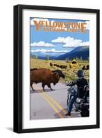 Yellowstone National Park - Motorcycle and Bison-Lantern Press-Framed Art Print