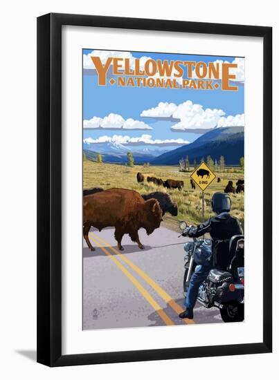 Yellowstone National Park - Motorcycle and Bison-Lantern Press-Framed Art Print