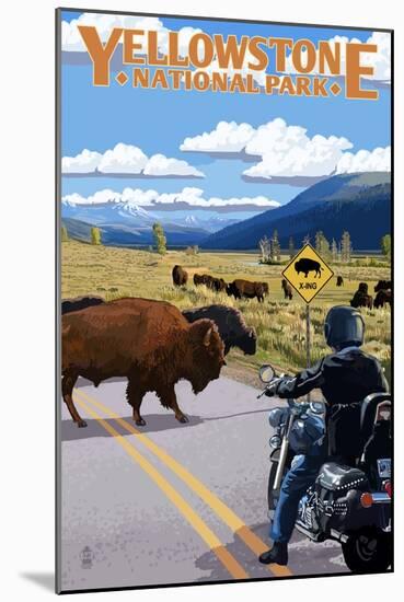 Yellowstone National Park - Motorcycle and Bison-Lantern Press-Mounted Art Print
