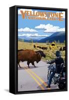 Yellowstone National Park - Motorcycle and Bison-Lantern Press-Framed Stretched Canvas