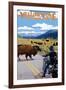 Yellowstone National Park - Motorcycle and Bison-Lantern Press-Framed Art Print