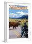 Yellowstone National Park - Motorcycle and Bison-Lantern Press-Framed Art Print