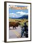 Yellowstone National Park - Motorcycle and Bison-Lantern Press-Framed Art Print