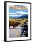 Yellowstone National Park - Motorcycle and Bison-Lantern Press-Framed Art Print