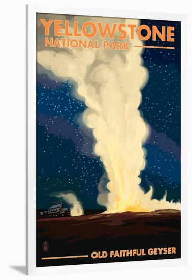 Yellowstone National Park - Old Faithful at Night-Lantern Press-Framed Art Print