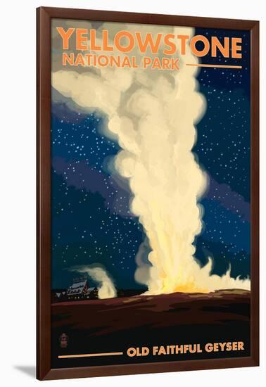 Yellowstone National Park - Old Faithful at Night-Lantern Press-Framed Art Print