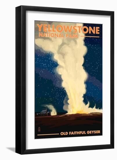 Yellowstone National Park - Old Faithful at Night-Lantern Press-Framed Art Print