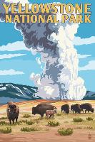 Yellowstone National Park - Old Faithful Geyser and Bison Herd-null-Framed Art Print