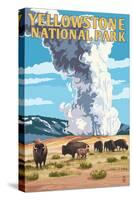 Yellowstone National Park - Old Faithful Geyser and Bison Herd-Lantern Press-Stretched Canvas