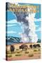 Yellowstone National Park - Old Faithful Geyser and Bison Herd-Lantern Press-Stretched Canvas
