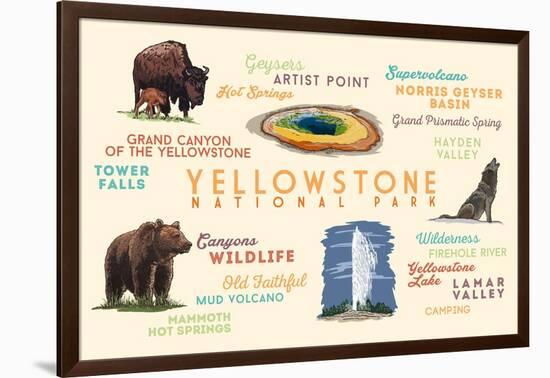 Yellowstone National Park - Typography and Icons-Lantern Press-Framed Art Print