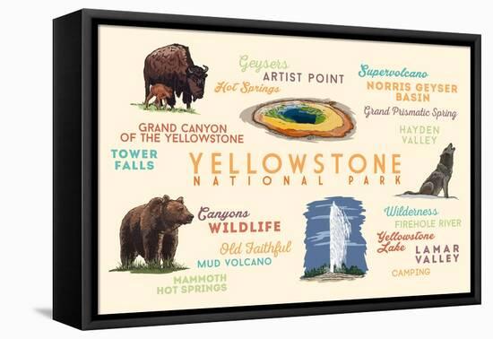 Yellowstone National Park - Typography and Icons-Lantern Press-Framed Stretched Canvas