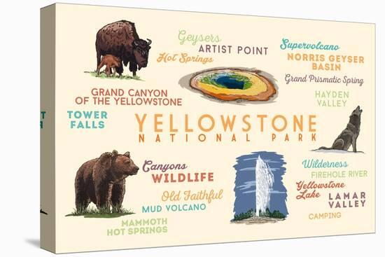 Yellowstone National Park - Typography and Icons-Lantern Press-Stretched Canvas