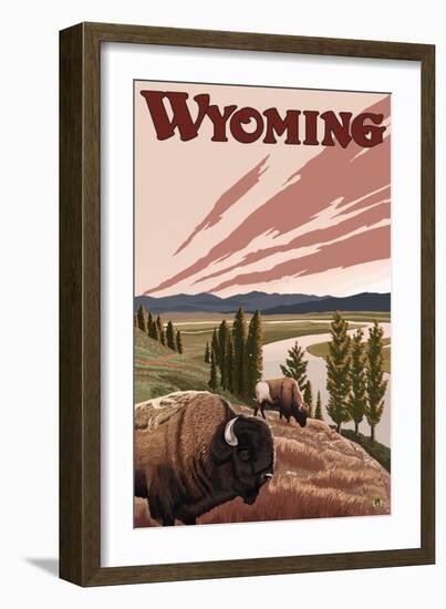 Yellowstone River Bison, Yellowstone National Park, Wyoming-Lantern Press-Framed Art Print