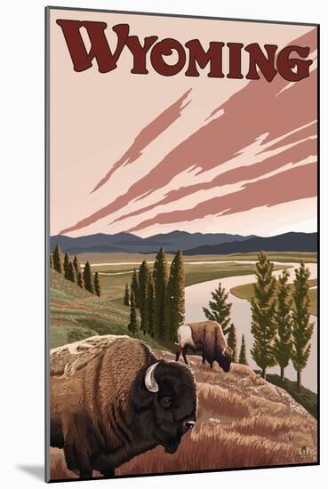 Yellowstone River Bison, Yellowstone National Park, Wyoming-Lantern Press-Mounted Art Print