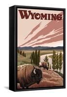 Yellowstone River Bison, Yellowstone National Park, Wyoming-Lantern Press-Framed Stretched Canvas