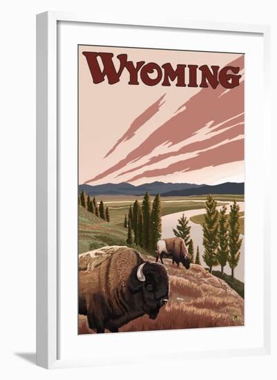 Yellowstone River Bison, Yellowstone National Park, Wyoming-Lantern Press-Framed Art Print