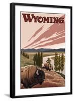 Yellowstone River Bison, Yellowstone National Park, Wyoming-Lantern Press-Framed Art Print