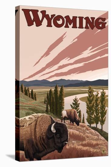 Yellowstone River Bison, Yellowstone National Park, Wyoming-Lantern Press-Stretched Canvas
