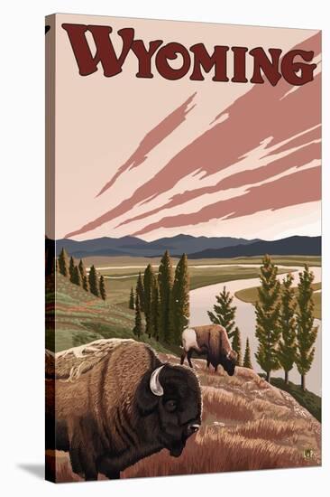 Yellowstone River Bison, Yellowstone National Park, Wyoming-Lantern Press-Stretched Canvas