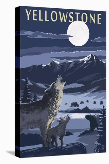 Yellowstone - Wolves and Full Moon-Lantern Press-Stretched Canvas