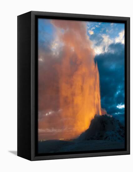 Yelowstone, Wy: White Dome Geyser Erupting with the Sun Setting Behind It-Brad Beck-Framed Stretched Canvas