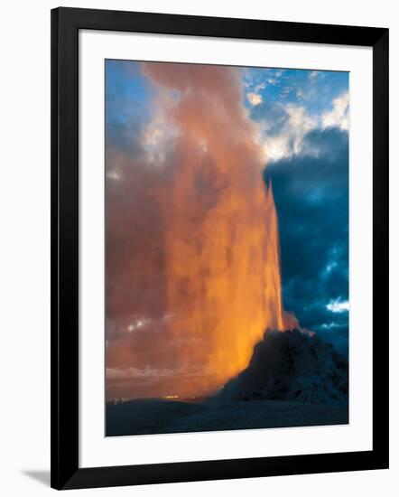 Yelowstone, Wy: White Dome Geyser Erupting with the Sun Setting Behind It-Brad Beck-Framed Photographic Print