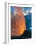 Yelowstone, Wy: White Dome Geyser Erupting with the Sun Setting Behind It-Brad Beck-Framed Photographic Print