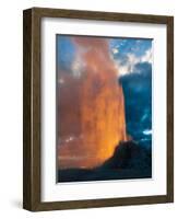 Yelowstone, Wy: White Dome Geyser Erupting with the Sun Setting Behind It-Brad Beck-Framed Photographic Print