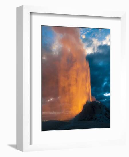 Yelowstone, Wy: White Dome Geyser Erupting with the Sun Setting Behind It-Brad Beck-Framed Photographic Print