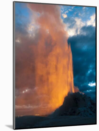 Yelowstone, Wy: White Dome Geyser Erupting with the Sun Setting Behind It-Brad Beck-Mounted Photographic Print