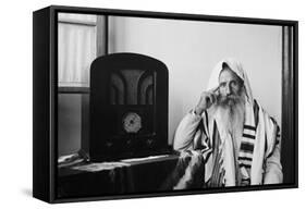 Yemenite Rabbi, in Traditional Robes and Prayer Shawl, Listening to Radio, 1937-null-Framed Stretched Canvas