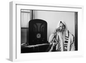 Yemenite Rabbi, in Traditional Robes and Prayer Shawl, Listening to Radio, 1937-null-Framed Photo