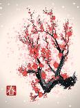 Blooming Flowers on the Tree Branch. Vector Image in Japanese Style. (Character Means Spring )-Yevhen Tarnavskyi-Art Print