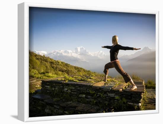 Yoga  in the Morning Sun Upon Poon Hill Along the  Anapurna Circuit - Ghorepani, Nepal-Dan Holz-Framed Photographic Print