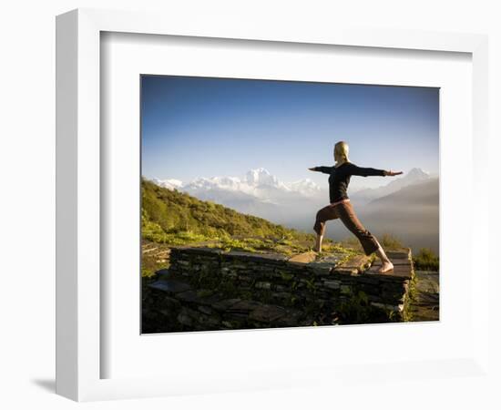 Yoga  in the Morning Sun Upon Poon Hill Along the  Anapurna Circuit - Ghorepani, Nepal-Dan Holz-Framed Photographic Print