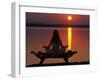 Yoga on a Saddle Bench Watching the Sun Go Down across the Zambesi River, Zambia-John Warburton-lee-Framed Photographic Print