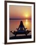 Yoga on a Saddle Bench Watching the Sun Go Down across the Zambesi River, Zambia-John Warburton-lee-Framed Photographic Print