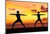 Yoga People Training and Meditating in Warrior Pose Outside by Beach at Sunrise or Sunset-Maridav-Mounted Premium Photographic Print