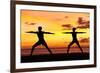 Yoga People Training and Meditating in Warrior Pose Outside by Beach at Sunrise or Sunset-Maridav-Framed Photographic Print