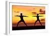 Yoga People Training and Meditating in Warrior Pose Outside by Beach at Sunrise or Sunset-Maridav-Framed Photographic Print