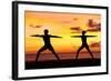 Yoga People Training and Meditating in Warrior Pose Outside by Beach at Sunrise or Sunset-Maridav-Framed Photographic Print