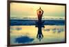 Yoga Woman Sitting In Lotus Pose On The Beach During Sunset-De Visu-Framed Art Print