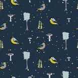 Dark Blue Forest Seamless Pattern with Birds. Trees and Mushrooms Night Forest Background.-YoPixArt-Art Print