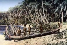 Native Canoe on a Palm Shaded Beach, Solomon Islands, C1923-York & Son-Framed Giclee Print