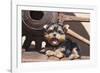 Yorkshire Terrier Puppy laying by wooden wheel-Zandria Muench Beraldo-Framed Photographic Print