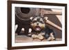 Yorkshire Terrier Puppy laying by wooden wheel-Zandria Muench Beraldo-Framed Photographic Print